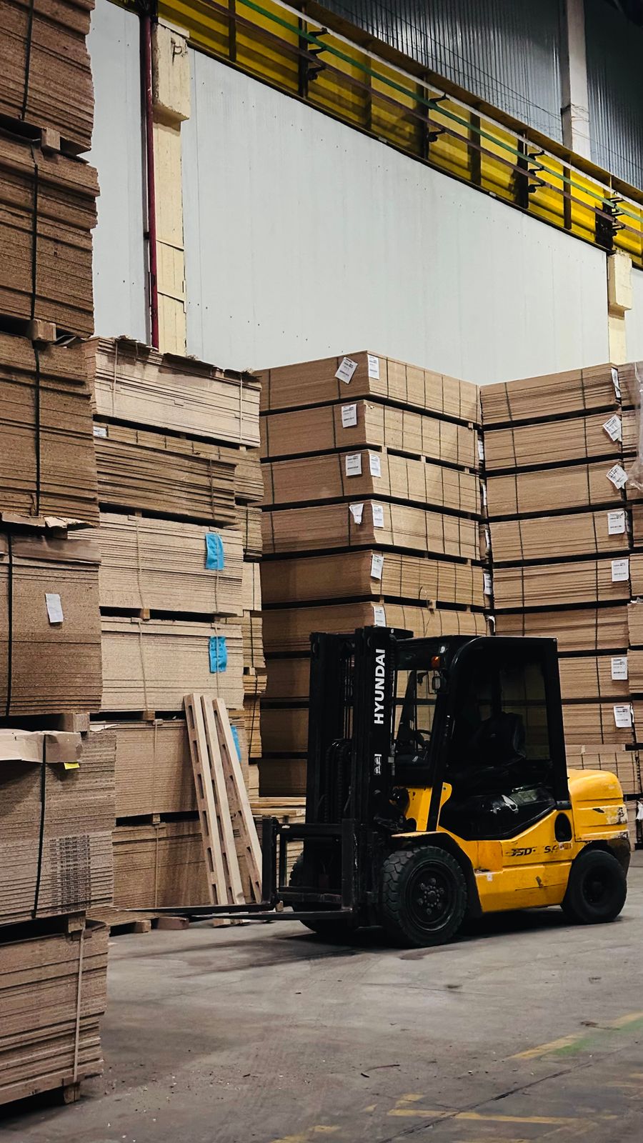 Industrial warehouse handling stacked cardboard packaging
