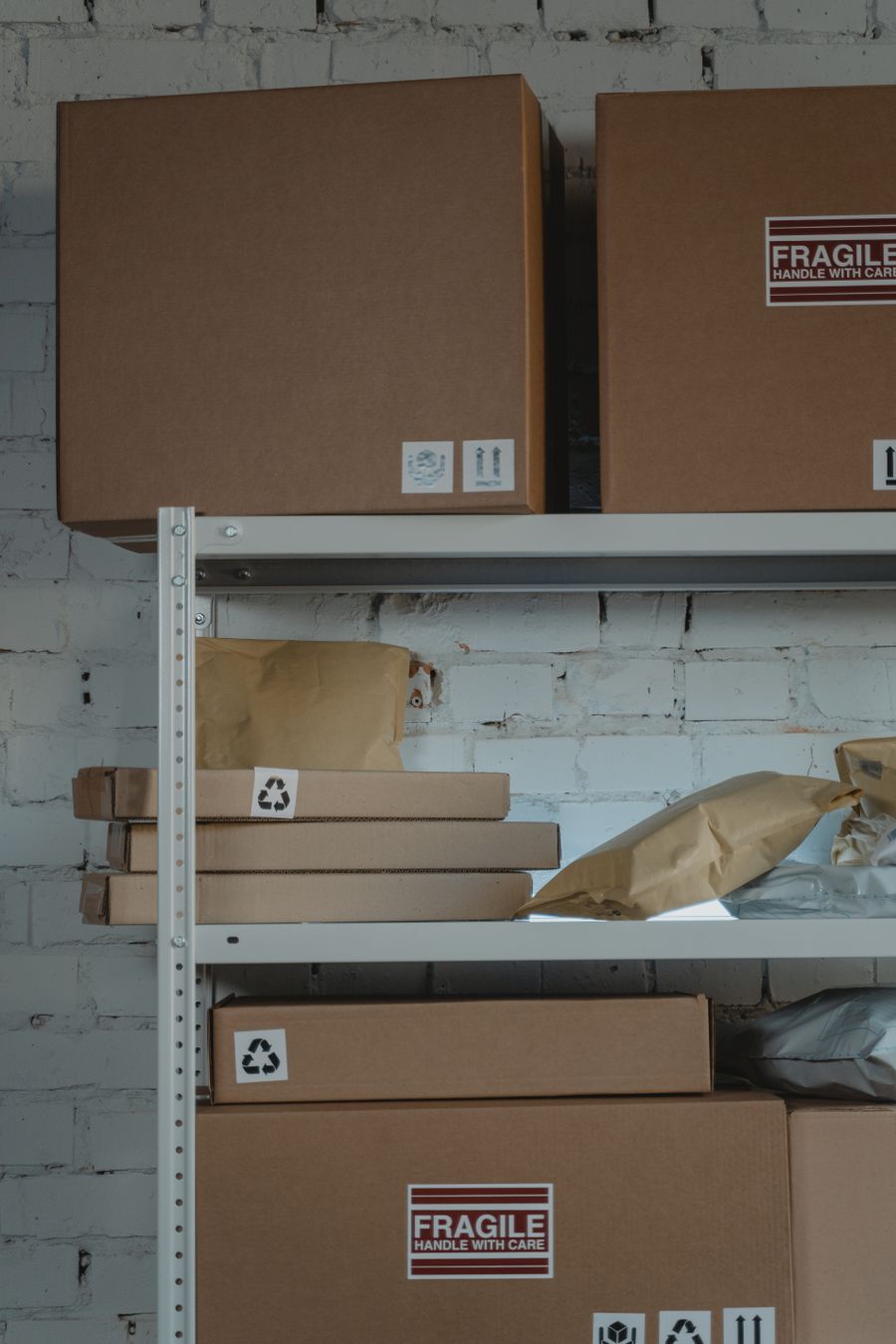 Export cartons and packaging boxes on industrial shelving